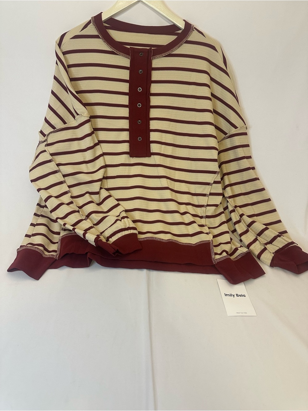 Striped Henley Pullover Sweatshirt in Ivory & Burgundy - Women